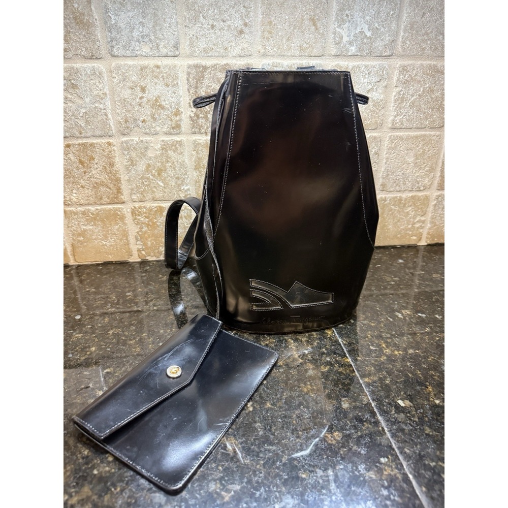 VTG Salvatore Ferragamo Patent Leather Drawstring Backpack Attached Pouch Italy